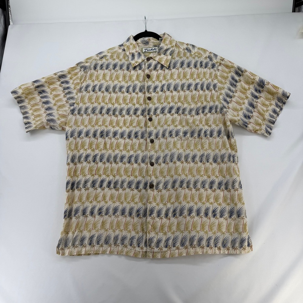 Kahala Mens XL Palm Tree Print Cotton Lawn Slub Button Up Shirt Hawaii Cream